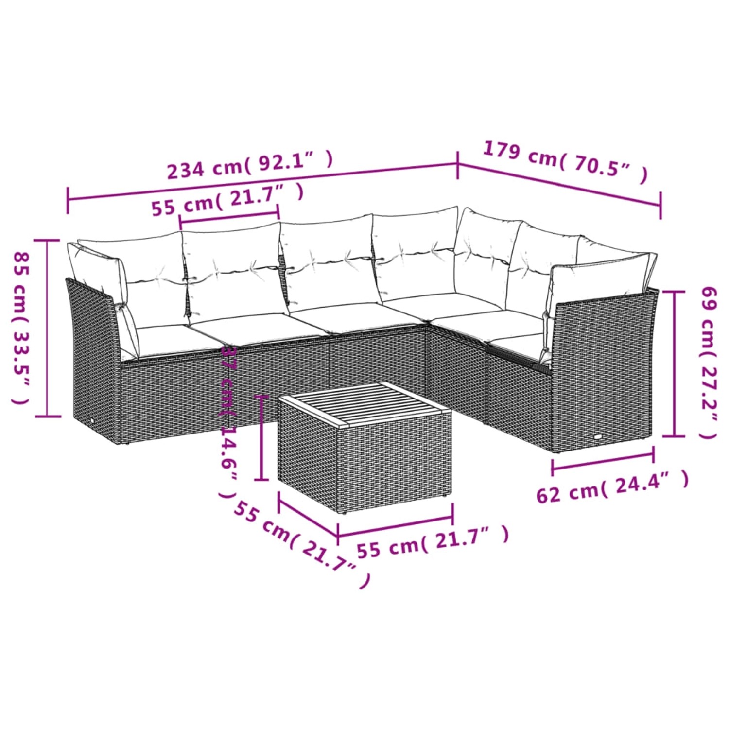 Schwarze 7-tlg. vidaXL Garten-Sofagarnitur aus Poly Rattan mit Kissen und Tisch. Gartenmöbel für Terrasse und Garten.