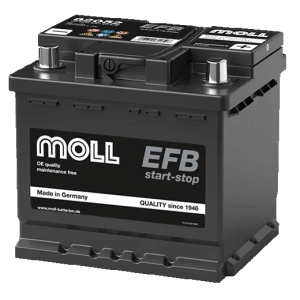 Schwarze MOLL EFB Start-Stop Starterbatterie 12V 54Ah für Autos. Made in Germany.