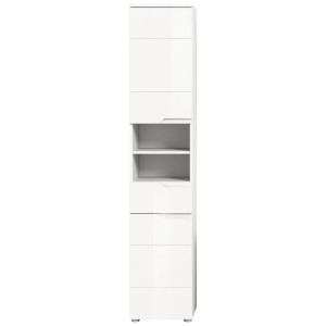 Weißer, hochglänzender Hochschrank Solero (193 cm) mit Schublade und Fächern für Bad oder Hauswirtschaftsraum.