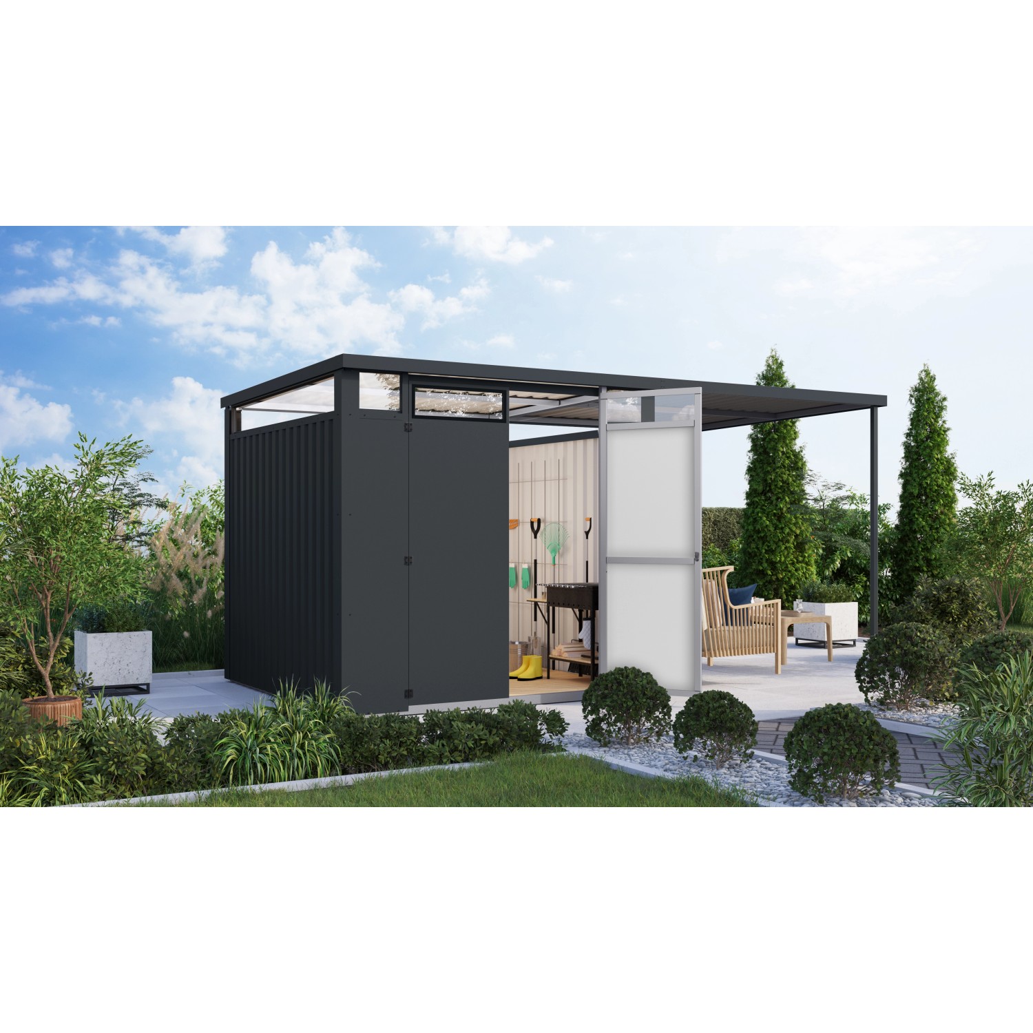 Karibu Gartenhaus Amato 2 m. Anbaudach Anthrazit 218 x 231 x 229 cm günstig online kaufen