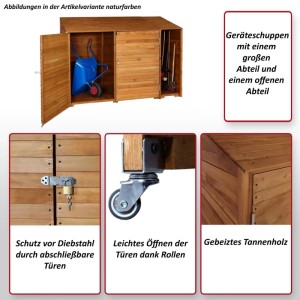 MCW Geräteschuppen J75 aus Holz, gebeizt in Anthrazit-Grau, mit zwei Abteilen und abschließbaren Türen.