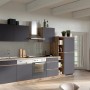 Moderne Küchenzeile Turin 330 cm in Graphit- und Wotaneiche-Optik mit E-Geräten.