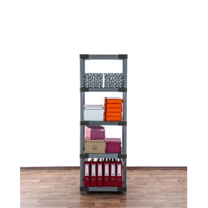 Graues PROREGAL Kunststoffregal Grey Bear Tall mit 5 Böden, beladen mit Boxen und Ordnern.