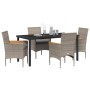 Graue 5-teilige Garten Essgruppe aus Polyrattan mit Tisch und Stühlen inklusive Kissen.
