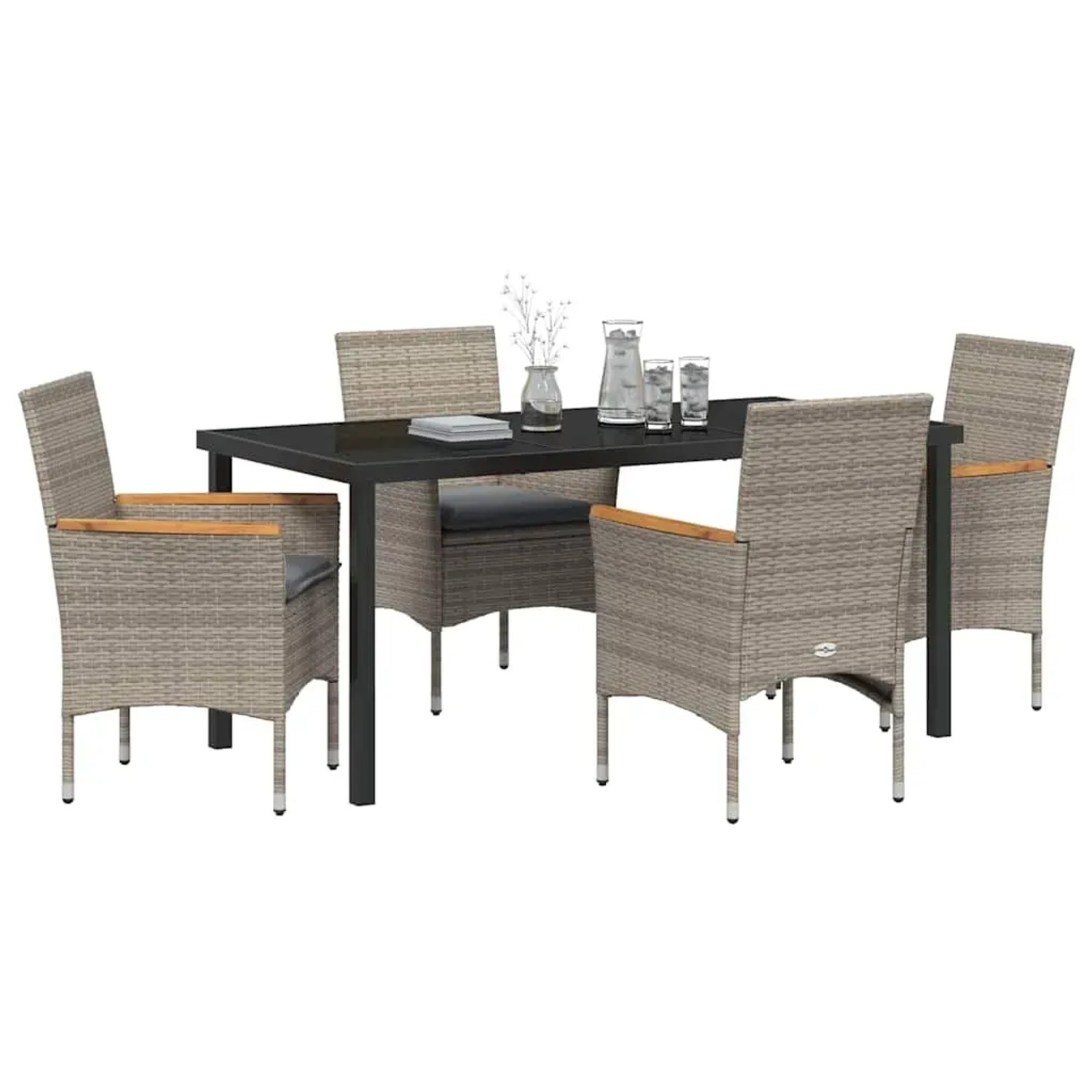 Graue 5-teilige Garten Essgruppe aus Polyrattan mit Tisch und Stühlen inklusive Kissen.