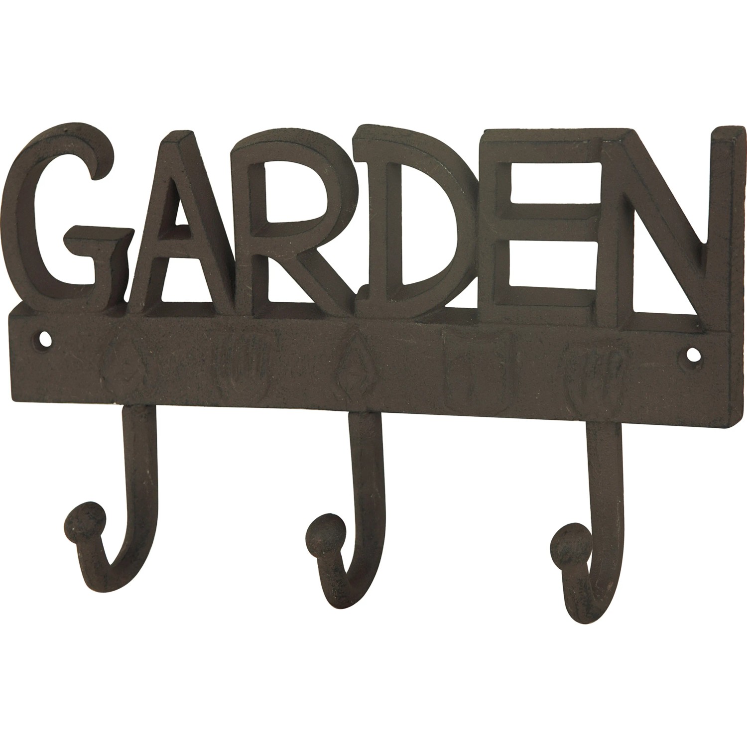 Wandhakenleiste aus Gusseisen mit Schriftzug "Garden" für Gartendekoration.