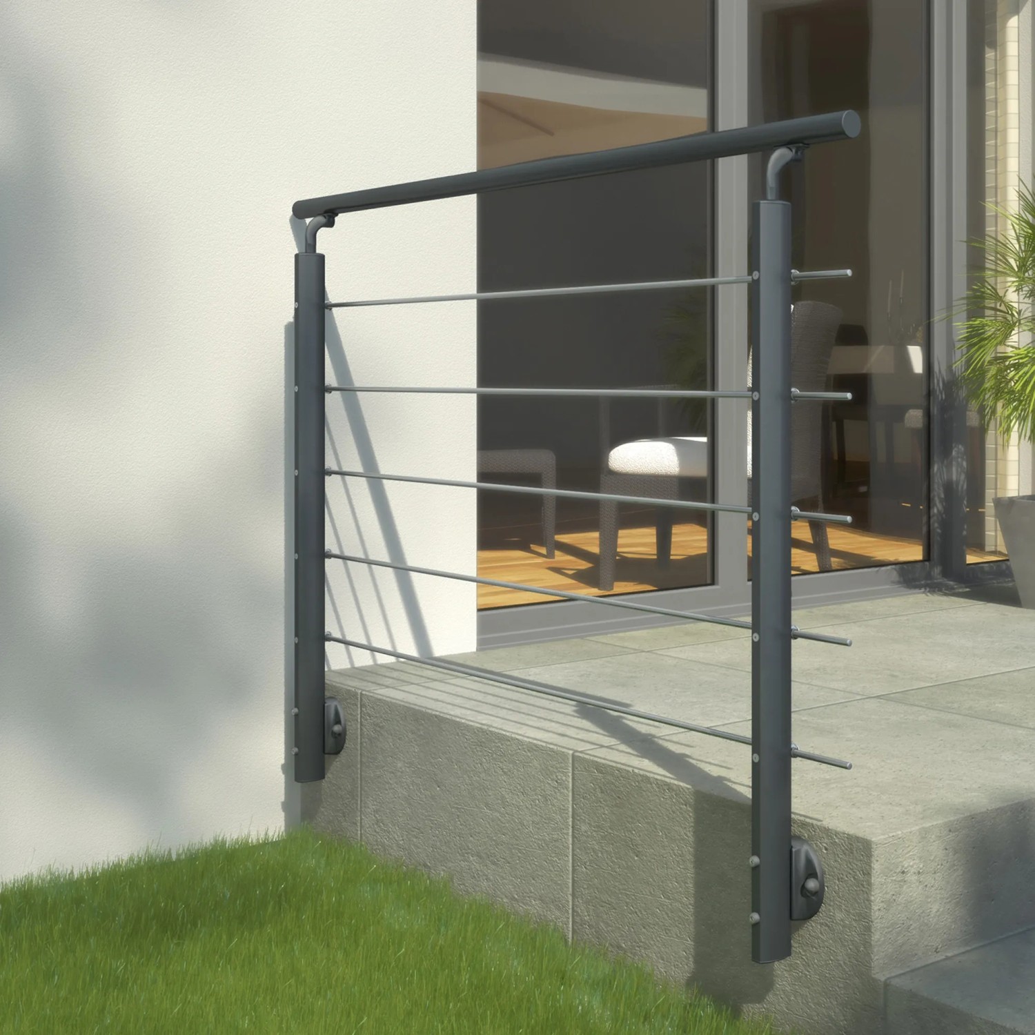 Anthrazitfarbenes Dolle Geländer-Komplettset 150 cm zur Wandmontage mit Edelstahlstäben.