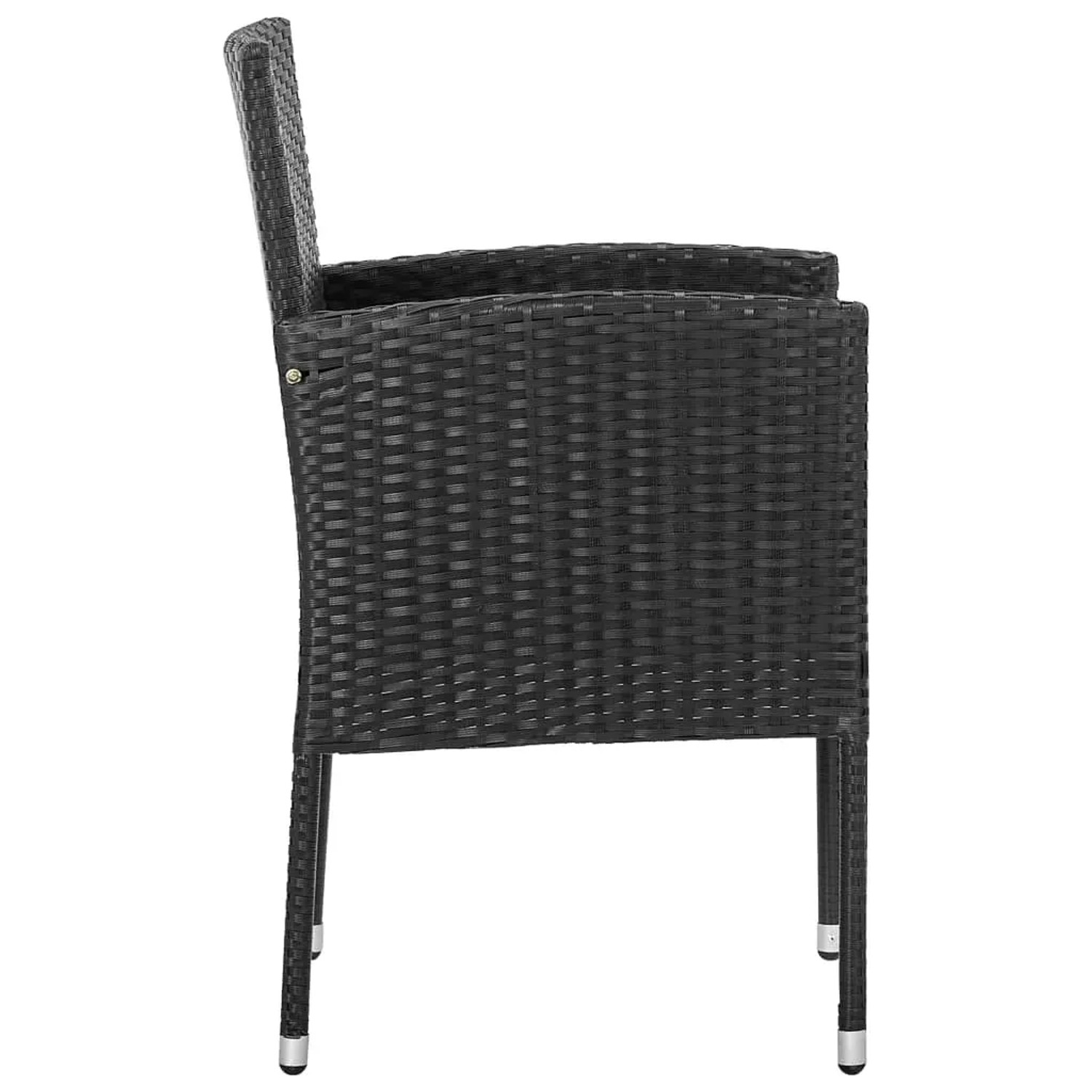 Schwarzer Gartenstuhl aus Rattan und Stahl, Teil der 5-tlg. vidaXL Essgruppe.