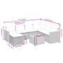 vidaXL 8-tlg. Garten-Sofagarnitur aus schwarzem Rattan mit Kissen und Tisch, Maße eingezeichnet.