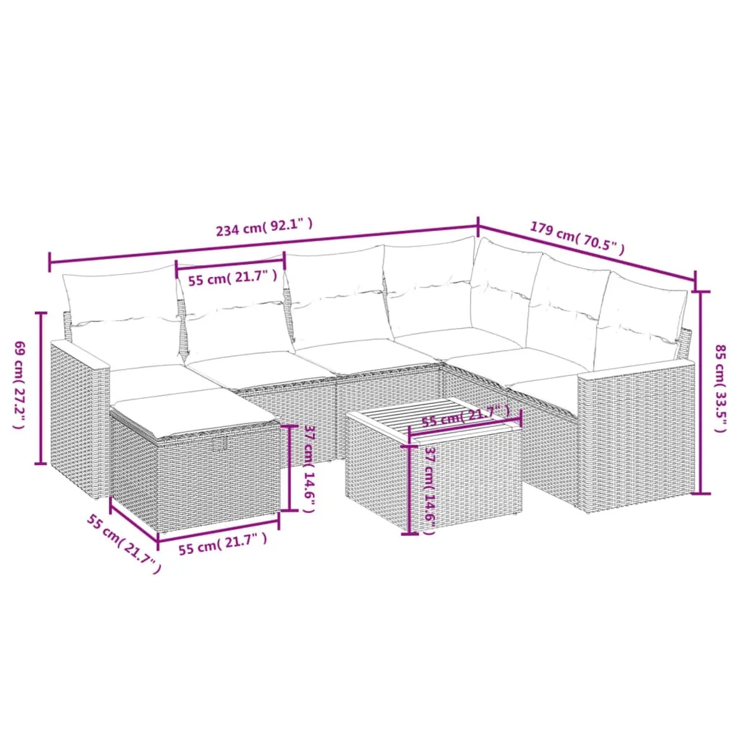 vidaXL 8-tlg. Garten-Sofagarnitur aus schwarzem Rattan mit Kissen und Tisch, Maße eingezeichnet.