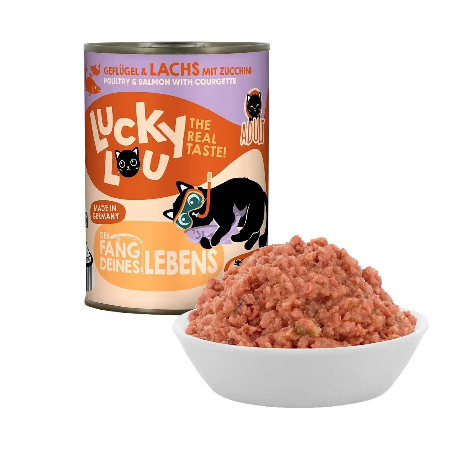 Lucky Lou Katzen-Nassfutter Adult Geflügel & Lachs, 400g Dose mit Futter in Schale.