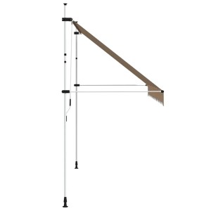 Gelb-blau gestreifte, handbetriebene Einziehmarkise 350 cm auf silbernem Gestell. Ideal für Terrasse & Balkon.
