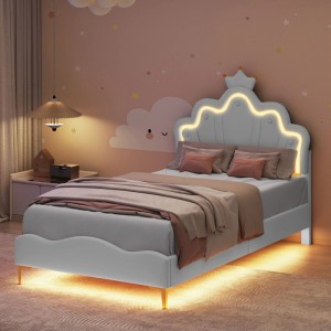 Weißes Kinderbett 90x200cm als Prinzessinnenbett mit Krone und LED-Beleuchtung.