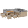 Beiges 13-tlg. vidaXL Garten-Sofa-Set aus Poly Rattan mit Stauraum, inkl. Tisch und Hockern.