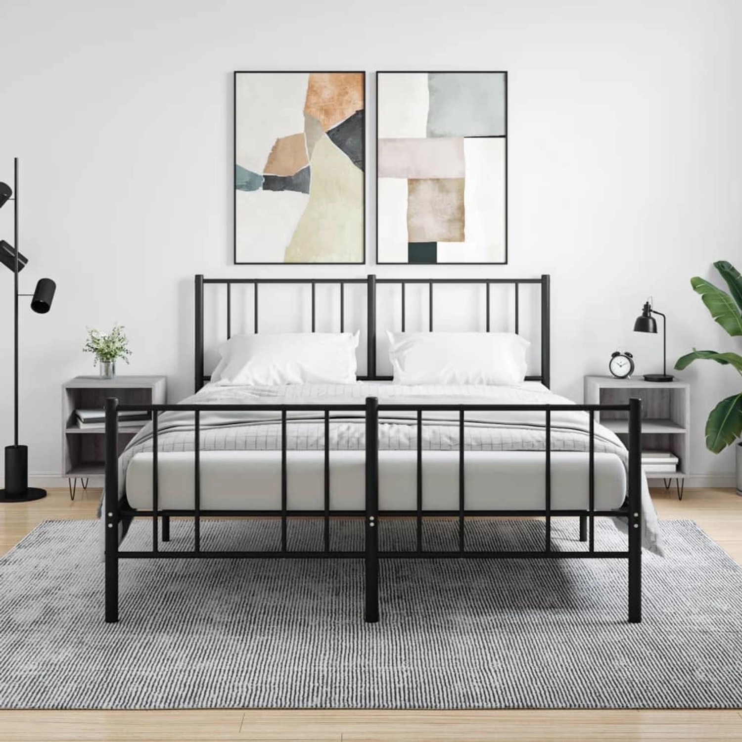 Zwei graue Nachttische vidaXL Sonoma aus Holzwerkstoff, je mit zwei Fächern.