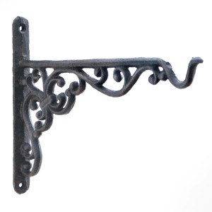 Schwarze Gusseisen Konsole mit Schnörkeln, 25 cm, für Blumenampeln, Gartendekoration.