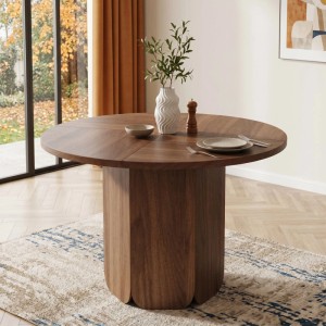 Runder Merax Esstisch Skandi Walnuss 120cm mit dunkler Holzmaserung und Säulenfuß für moderne Wohnstile.