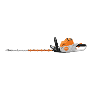 Stihl Akku-Heckenschere HSA 100 in Orange-Grau mit langem Schneidmesser. Kabelloses Gartengerät für präzisen Heckenschnitt.