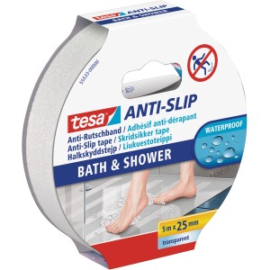 Tesa Anti-Rutschband für Bad und Dusche, transparent, 5 m x 25 mm. Rutschhemmende Wanneneinlage für mehr Sicherheit.