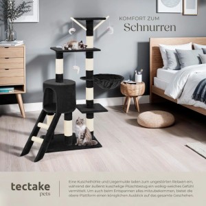 Schwarzer Tectake Kratzbaum Dominik, 144 cm hoch, mit Sisalstämmen, Katzenhaus, Liegemulde und Spielzeug.