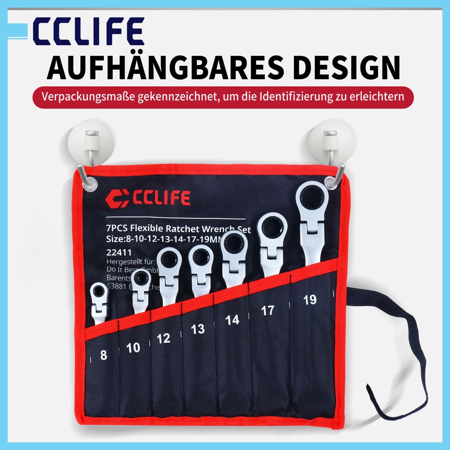 7tlg CCLIFE Gelenk-Ratschenschlüssel-Satz in schwarzer Hängetasche. Flexible Maul- und Ringratschen 8-19mm für Werkstatt.