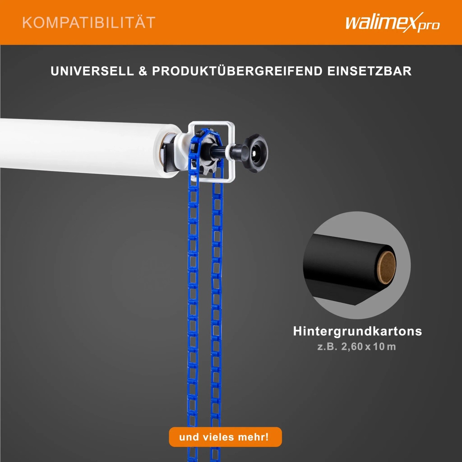 Walimex Hintergrundexpan mit blauer Kette, weißer Rolle und schwarzem Hintergrundkarton. Studio-Zubehör.