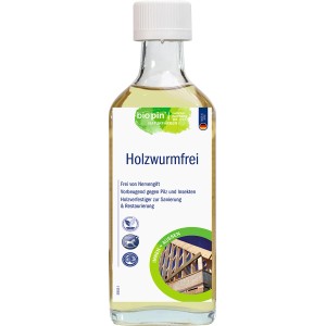 Flasche Biopin Holzwurmfrei, farblos, 250ml. Holzschutzmittel gegen Insekten- und Pilzbefall.