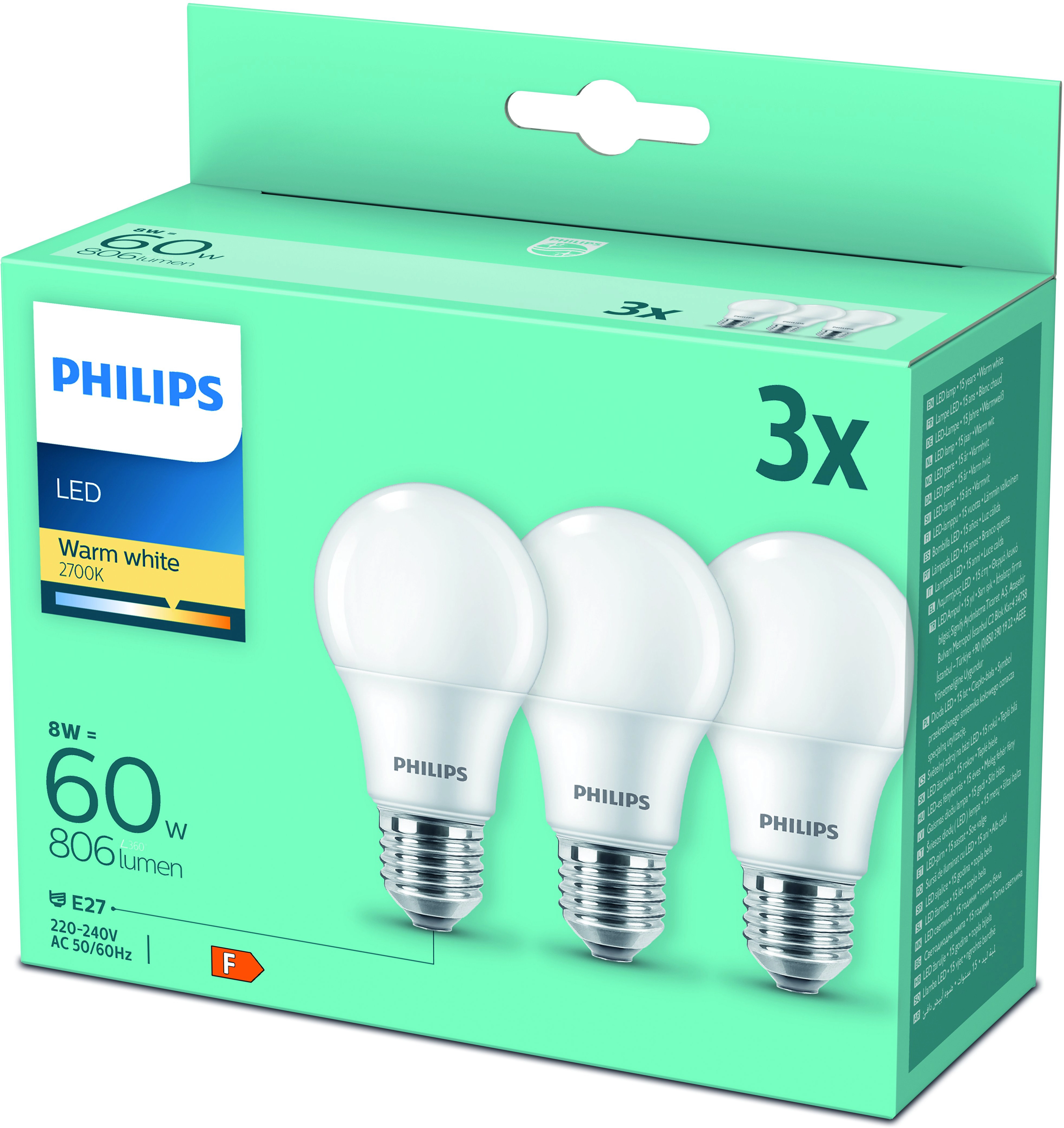 Philips LED-Leuchtmittel E27 Glühlampenform 8 W 3er Set 10,8 x 6 cm (H x Ø)  kaufen bei OBI