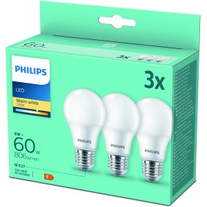 Philips LED E27 8W Glühbirnenform, 3er-Set. Warmweißes Licht, ideal für Wohnräume.