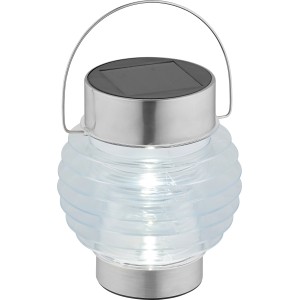 Transparente LED-Solarleuchte Casina aus Kunststoff mit silberfarbenem Henkel.