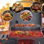 Taino Hero XL Holzkohlegrill mit Speisen wie Burger, Fisch, Steak und Gemüse auf dem Grill.