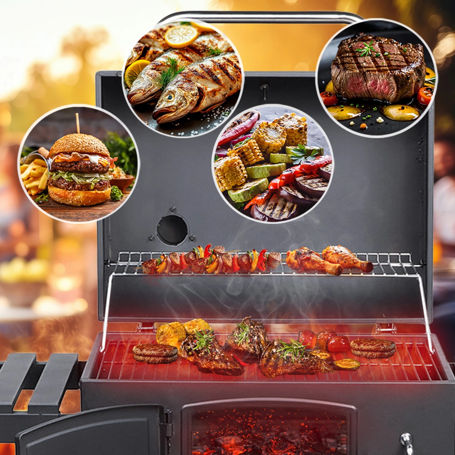 Taino Hero XL Holzkohlegrill mit Speisen wie Burger, Fisch, Steak und Gemüse auf dem Grill.