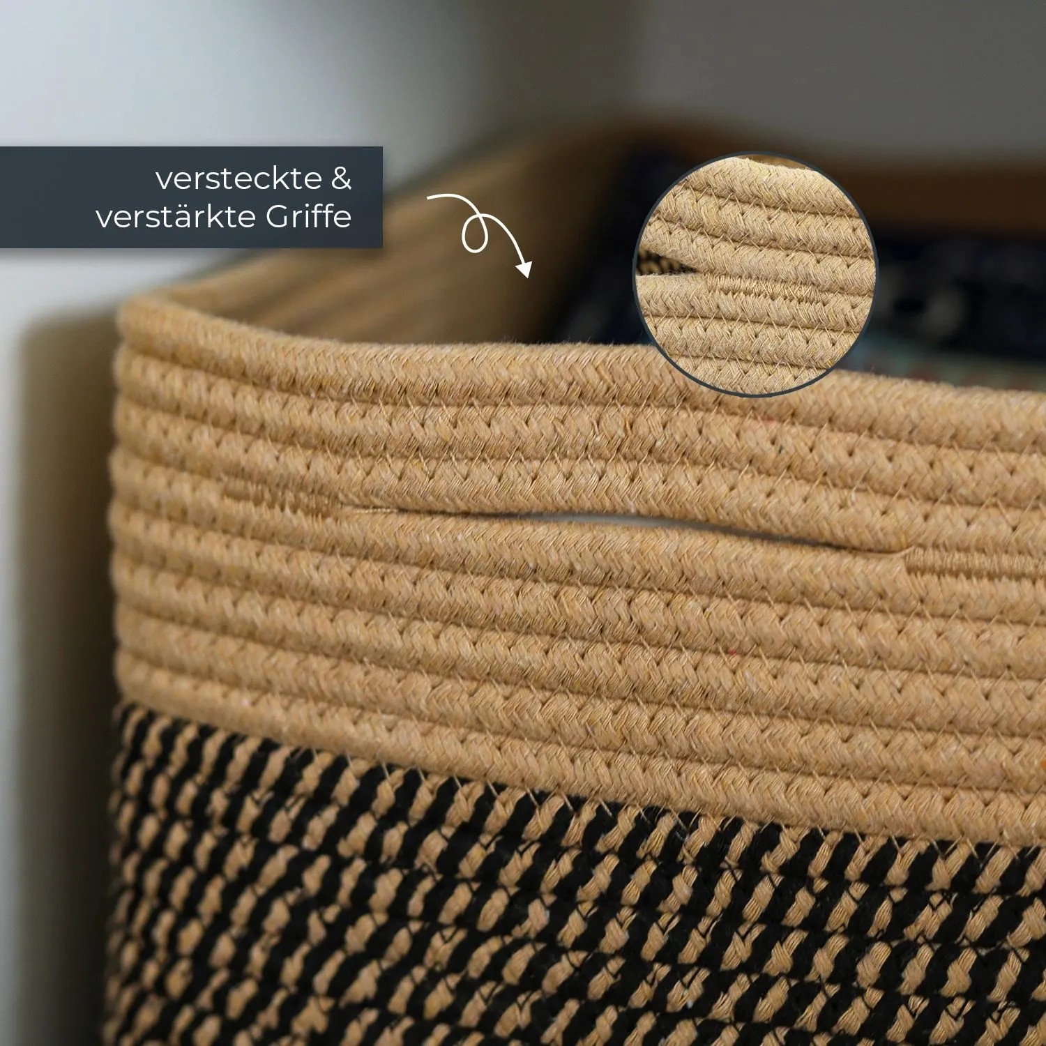 HMF 39010-37CM-81 Aufbewahrungskorb Versteckten Griffen 3er Set Korb Baumwolle 37 x 25 x 22 cm Schwarz-Honig_4