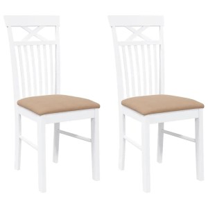 2er Set Esszimmerstühle, weißes Gummibaumholz, braune Sitzkissen. Stühle für Esszimmer oder Küche.