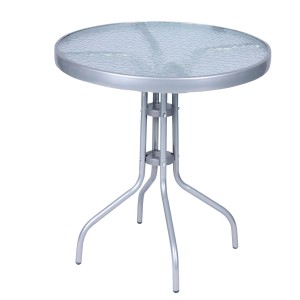Silberfarbener Bistrotisch mit Glasplatte, rund, 60 cm Durchmesser, ideal für Balkon und Garten.