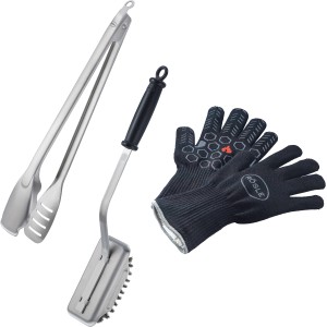 Rösle Barbecue Premium-Set, 3-teilig: Grillzange, Grillhandschuhe und Reinigungsbürste für Grillutensilien.