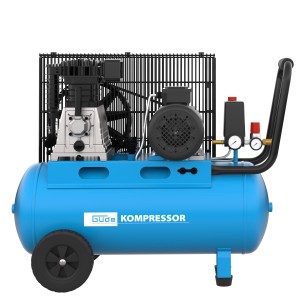 Blauer Güde Kompressor 580/10/50/400 V mit Manometer, Druckminderer und Transportgriff.