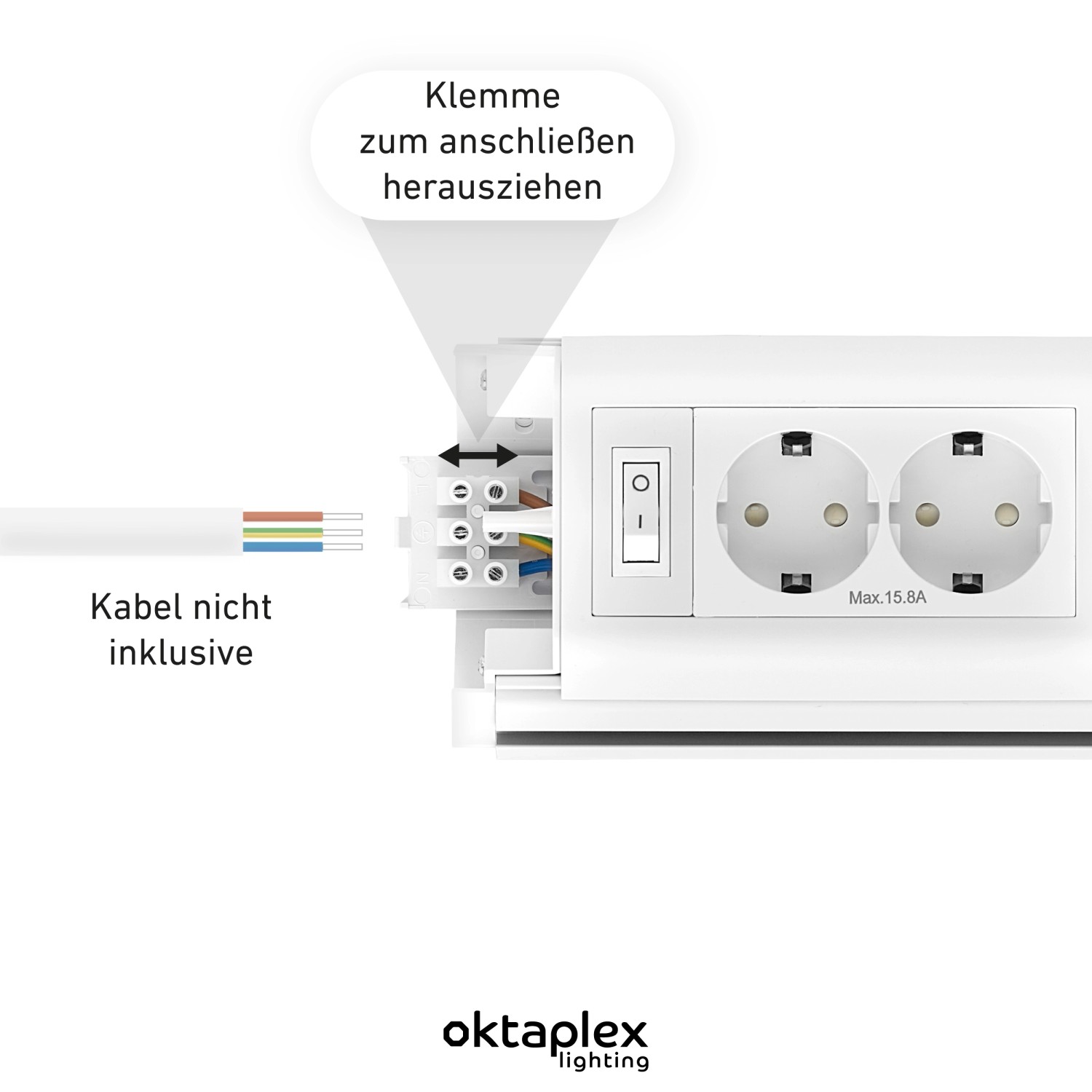 Detailaufnahme Oktaplex LED Unterbauleuchte mit Steckdosen und Anschlussklemme.