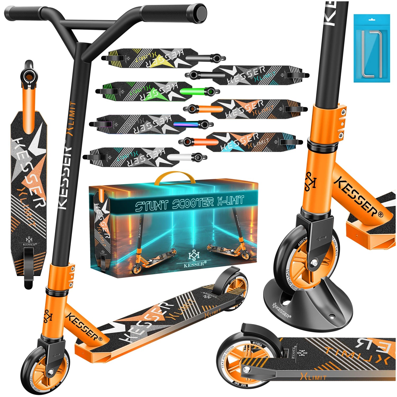 KESSER Stuntscooter X-Limit 360° Lenkung ABEC 9 100 mm PU Räder Orange Schwarz