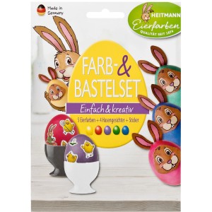 Brauns-Heitmann Eierfarben Farb- und Bastelset mit 5 Farben, Hasengesichtern und Stickern für Ostern.