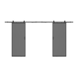 Doppel-Schiebetür Linci Schwarz mit rauchfarbenem Sicherheitsglas und schwarzem Aluminium-Laufschienensystem. Industrial-Stil.