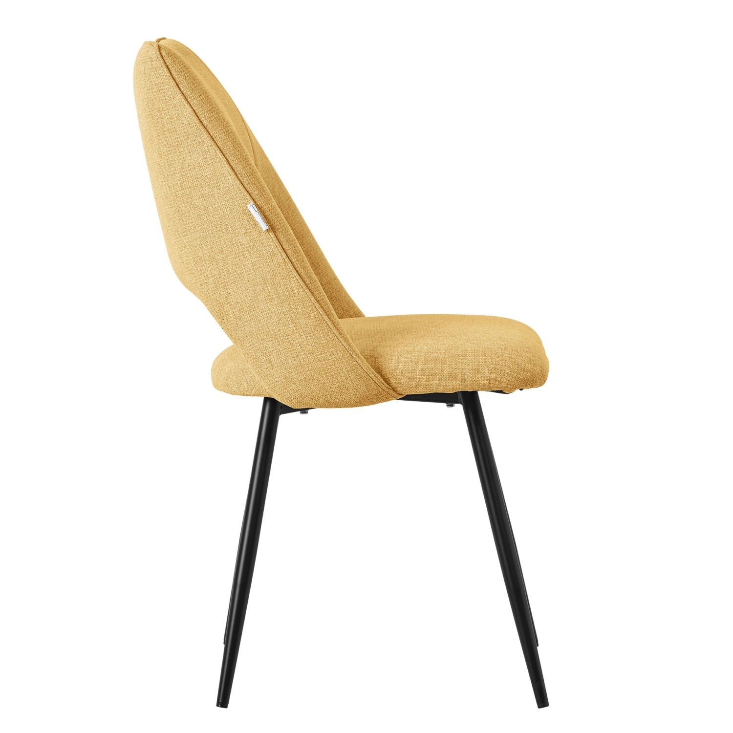 Senfgelber Esszimmerstuhl im 2er-Set mit Stoffbezug und schwarzen Metallbeinen.