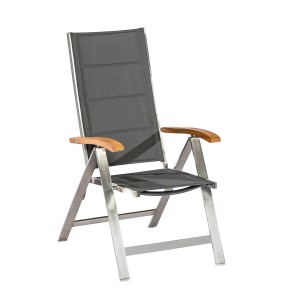 Merxx Ferrara Klappsessel mit Edelstahlgestell, Textilbespannung und Armlehnen aus Akazienholz.