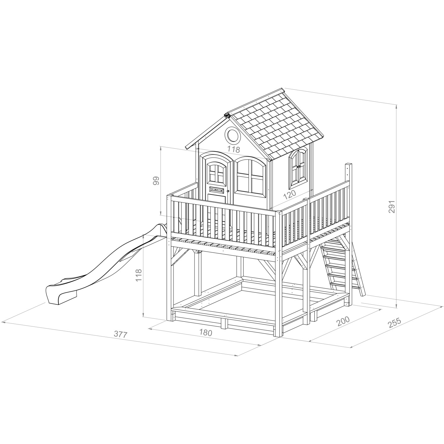 Axi Liam Spielhaus in Braun-Weiß mit grauer Rutsche, Ansicht mit Maßen. Ideal für Kinder zum Spielen im Garten.