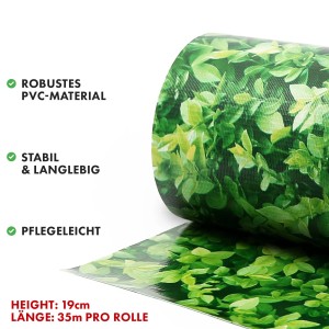 Rolle KARAT PVC Sichtschutzstreifen mit Buchsbaum-Motiv für Gartenzäune, 19cm x 35m.
