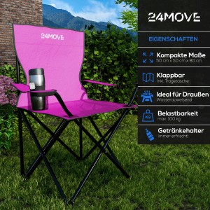 Pinker 24Move Camping Faltstuhl mit Getränkehalter und Tragetasche für Outdoor-Aktivitäten bis 100 kg.