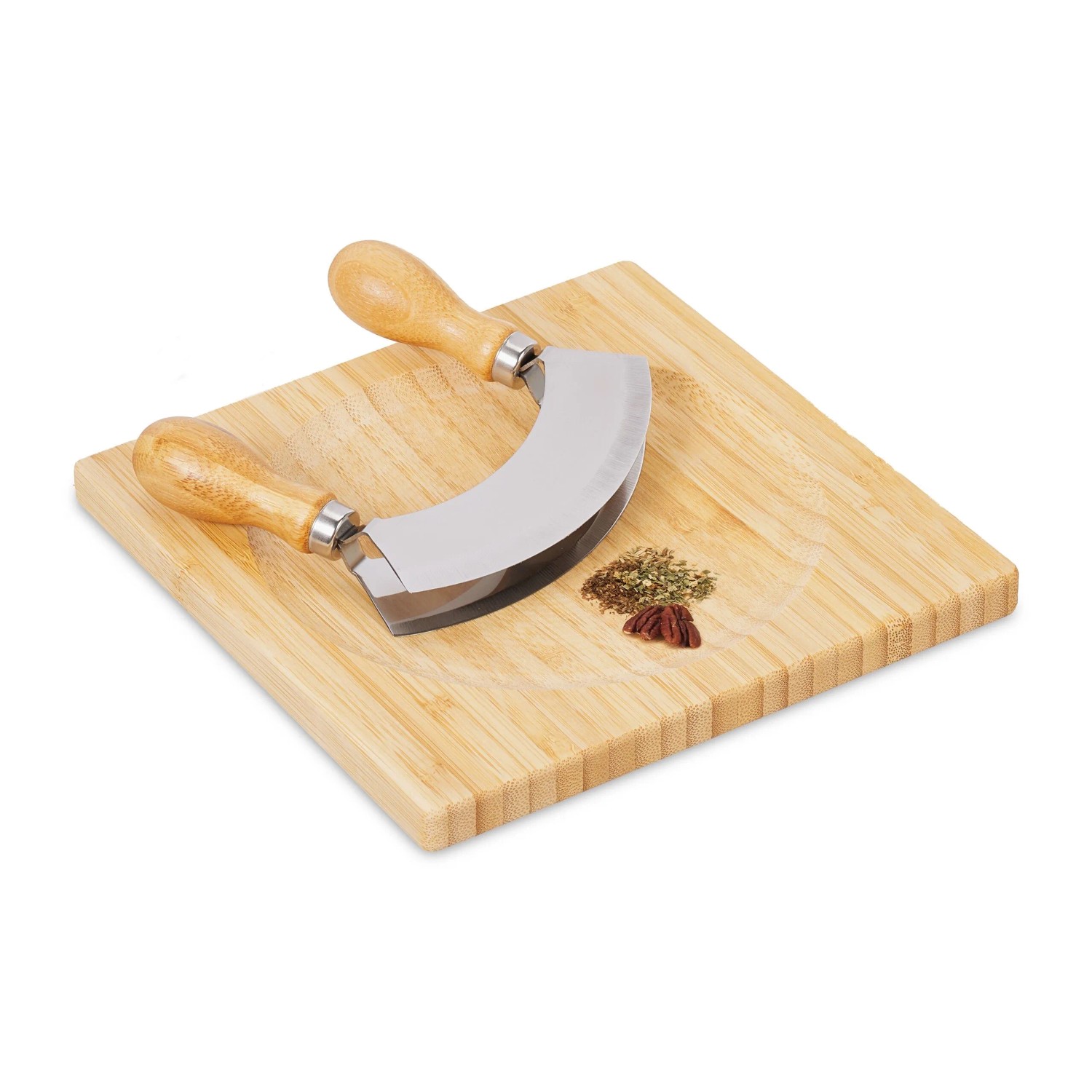 Relaxdays Wiegemesser mit Brett Bambus Edelstahl Natur Silber Zweischneidig 20 cm x 20 cm x 1,5 cm 420 g