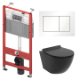 WC-Set mit schwarzer wandhängender ROLO Toilette, weißer TECEbase Betätigungsplatte und rotem Vorwandelement.