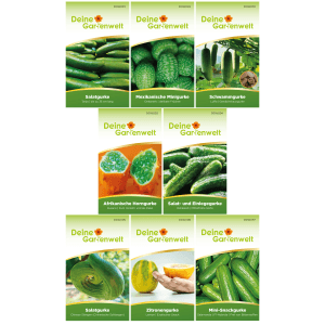 Gurken Samen-Set: 8 Pakete mit Bildern von Salat-, Mini-, Horn- und Zitronengurken. Vielfältige Gemüsesamen für den Garten.