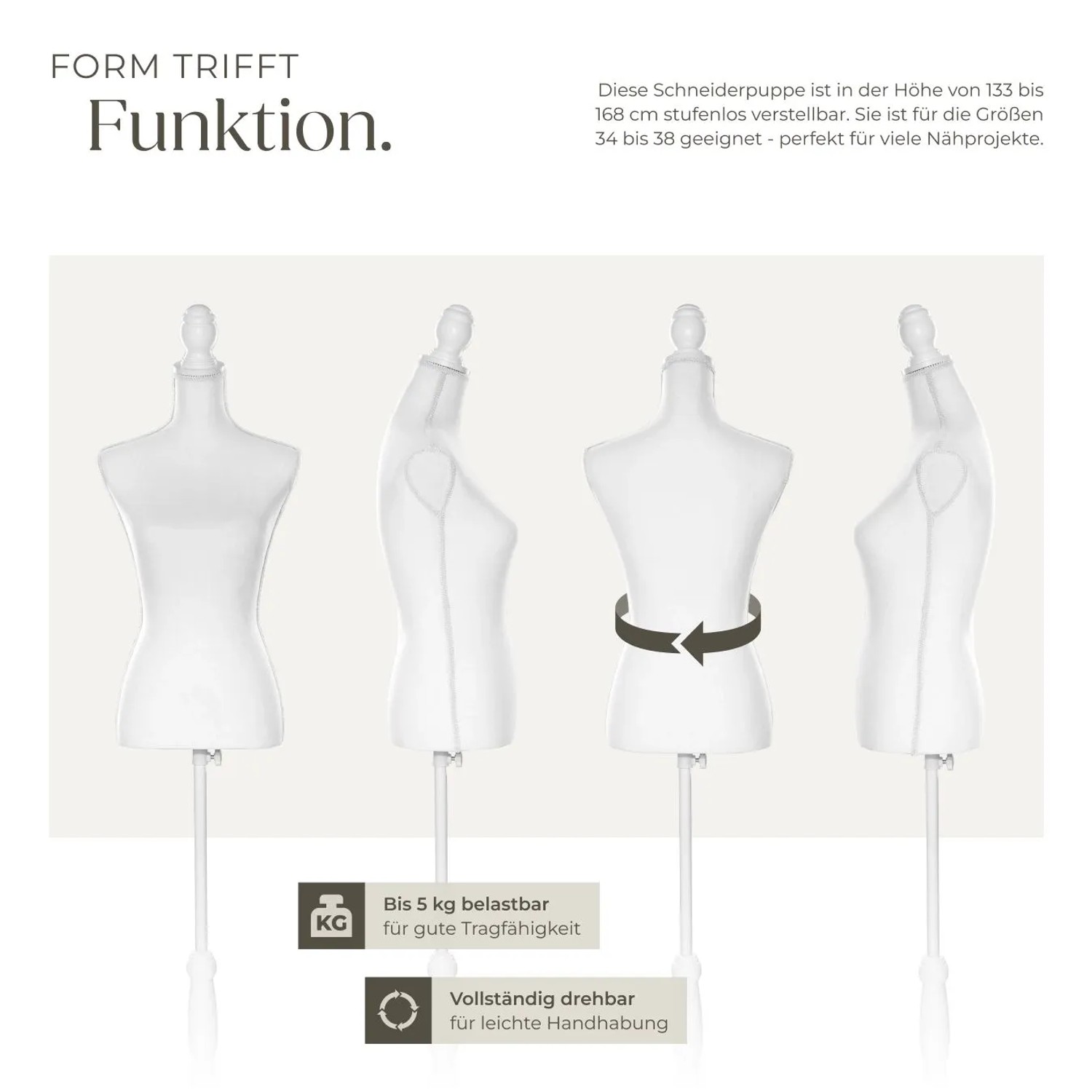Weiße Tectake Schneiderpuppe, Torso weiblich, höhenverstellbar, verschiedene Ansichten.